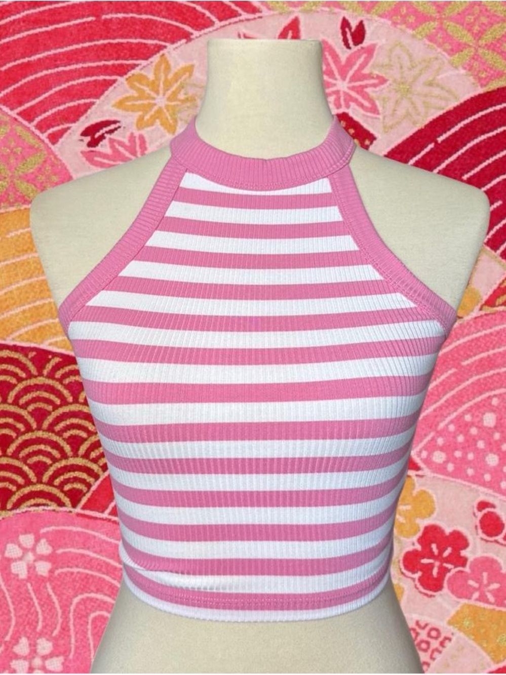 American Eagle Outfitters Pink & White Striped Ribbed Halter Crop Top